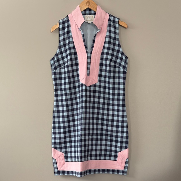 Sail To Sable Gingham Sleeveless Dress Medium Blue Navy Pink Preppy Resort - Picture 2 of 8